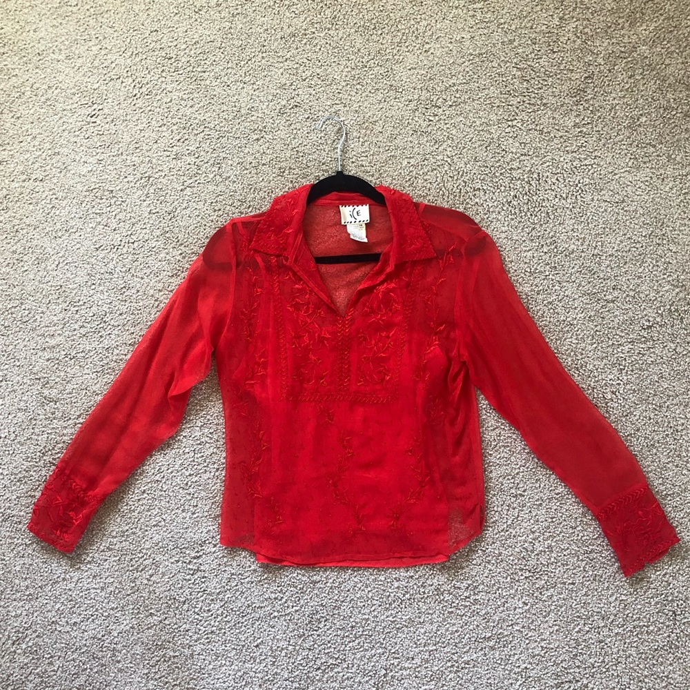 ICE Romantic Red Floral Embroidered Sheer Blouse | Medium Petite | 2pc